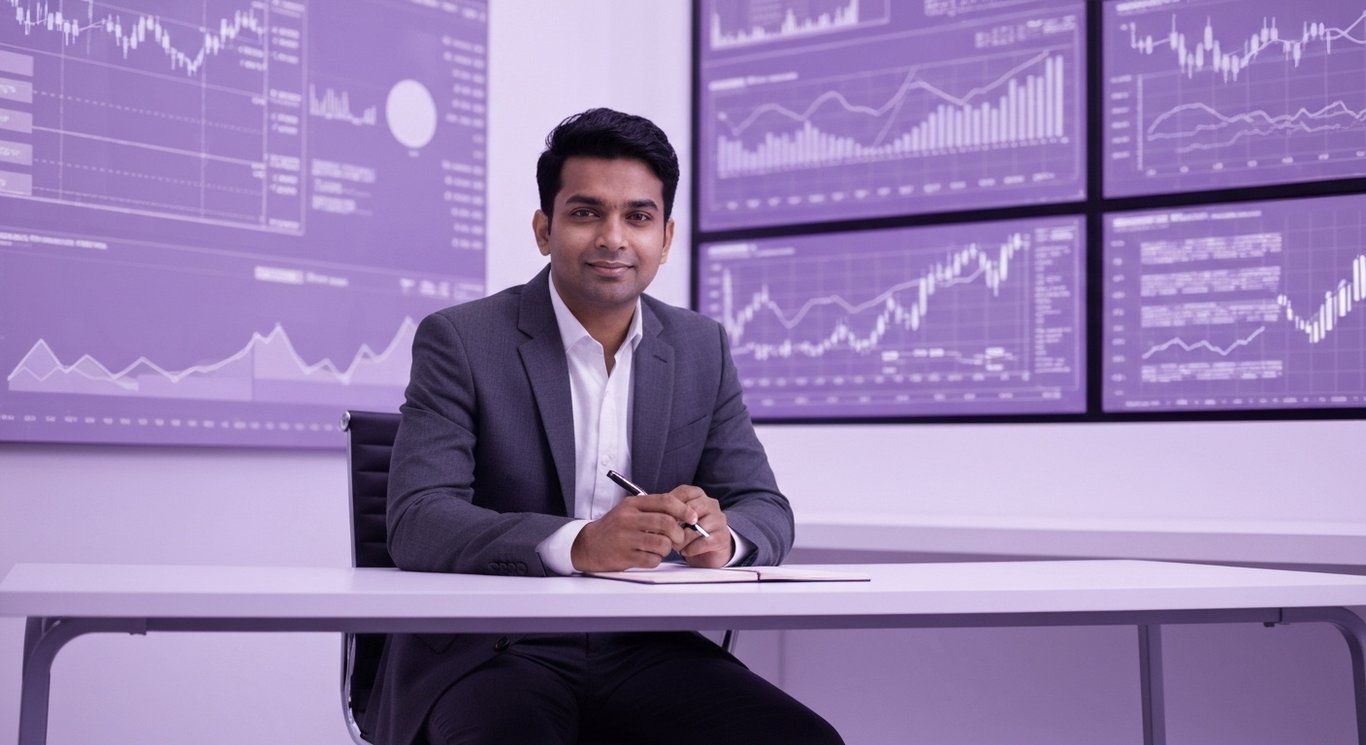 Business professional at desk with abstract digital screens hinting at financial information in a purple-themed office