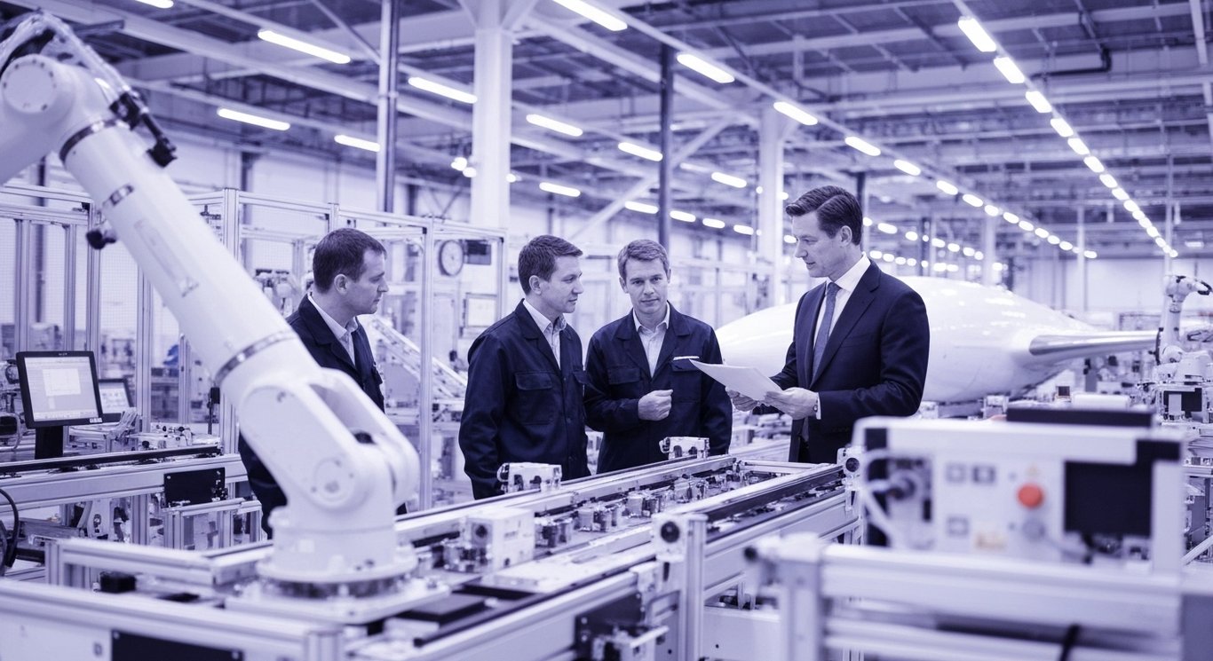 Business executive overseeing aircraft assembly in a modern factory with engineers nearby