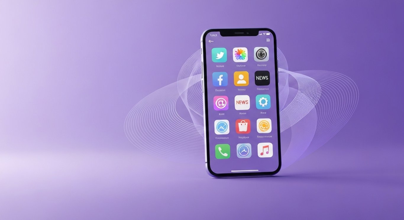 Smartphone with vibrant app icons and digital data flow against a purple gradient background