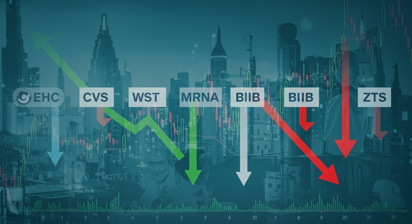Stock ticker showing healthcare company performance with green arrows for gains and red arrows for losses.
