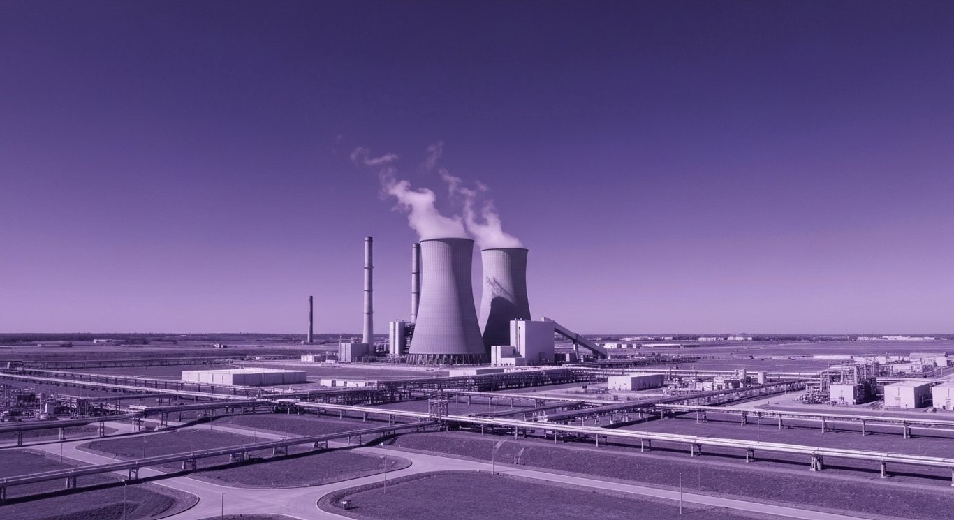 Modern power plant with tall cooling towers set against a minimalist purple-toned landscape