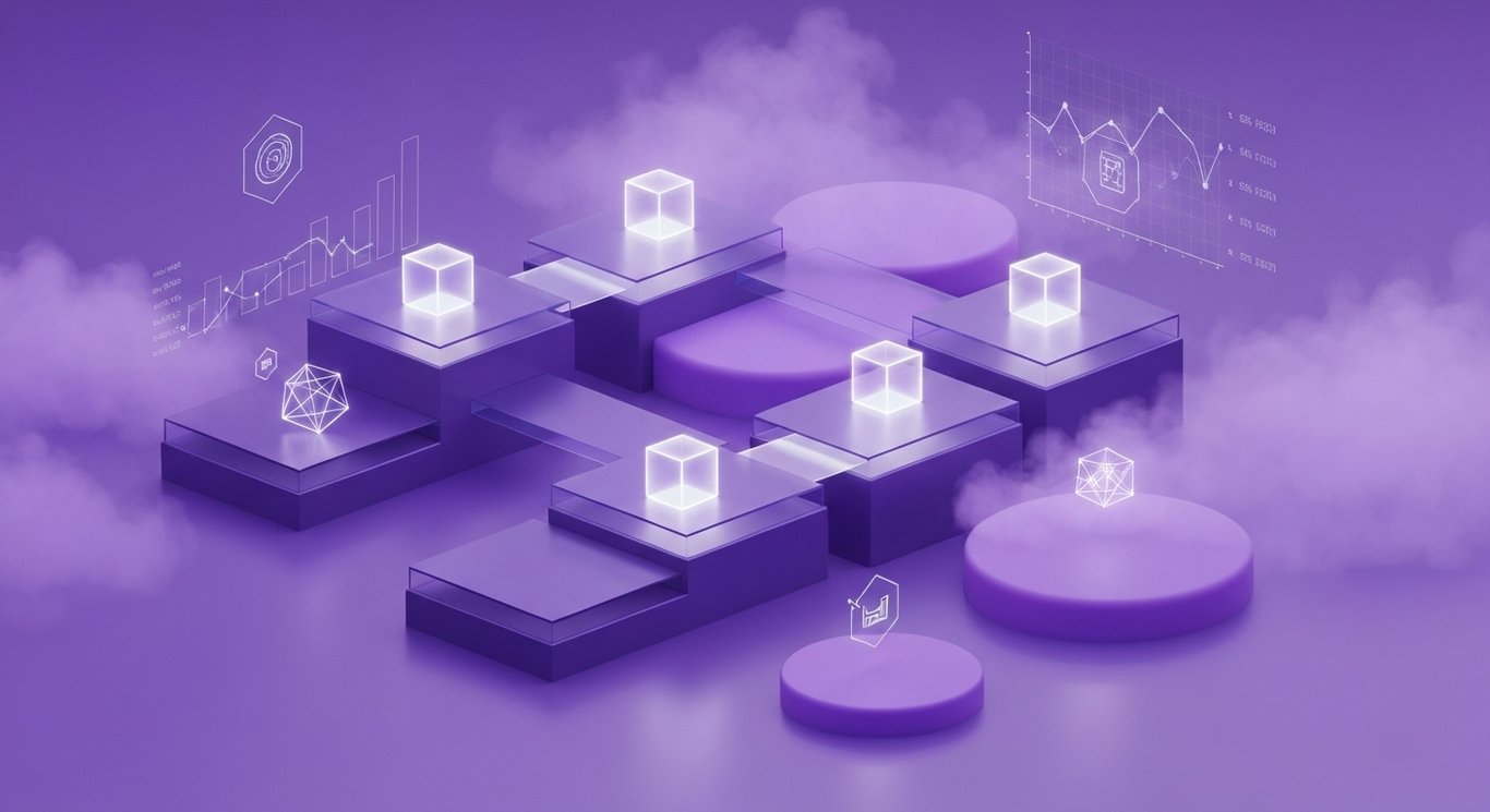 Glass bridges moving glowing cubes between platforms in purple mist, subtle market graphs imply competitive shift in fintech
