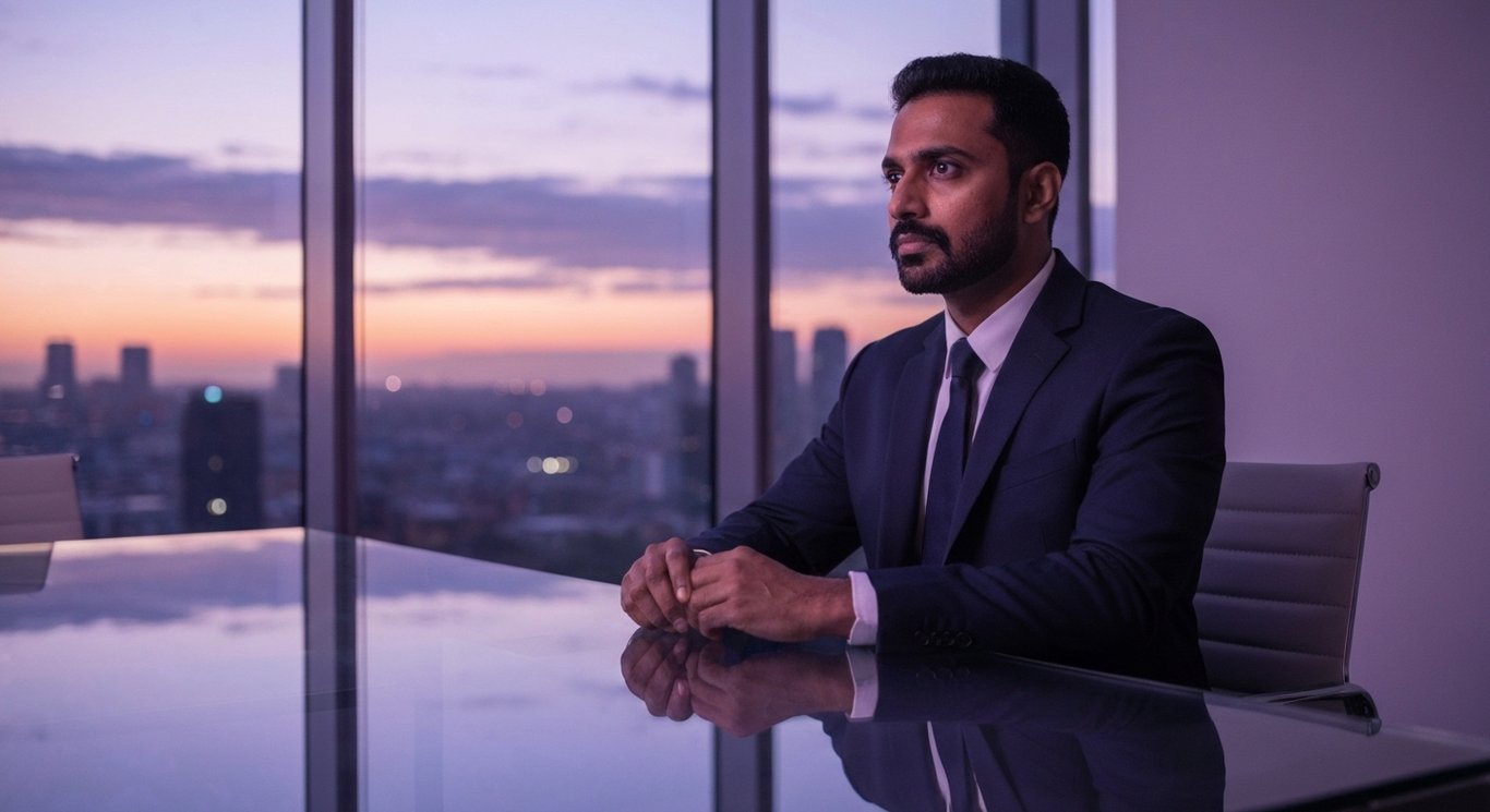 Serious businessperson at glass office table with city view at dusk, purple-toned lighting