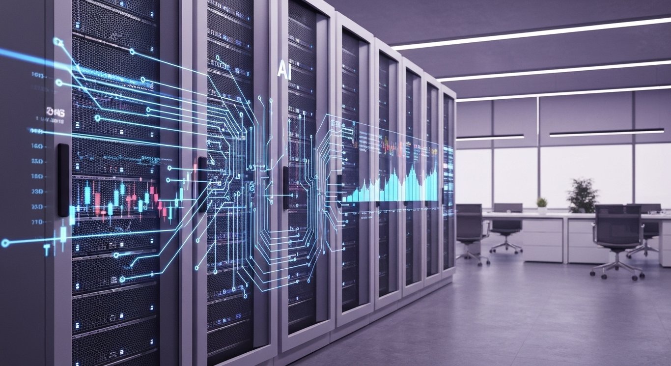 Modern data center server racks with glowing lights and abstract AI circuits in a sleek, purple-themed office space