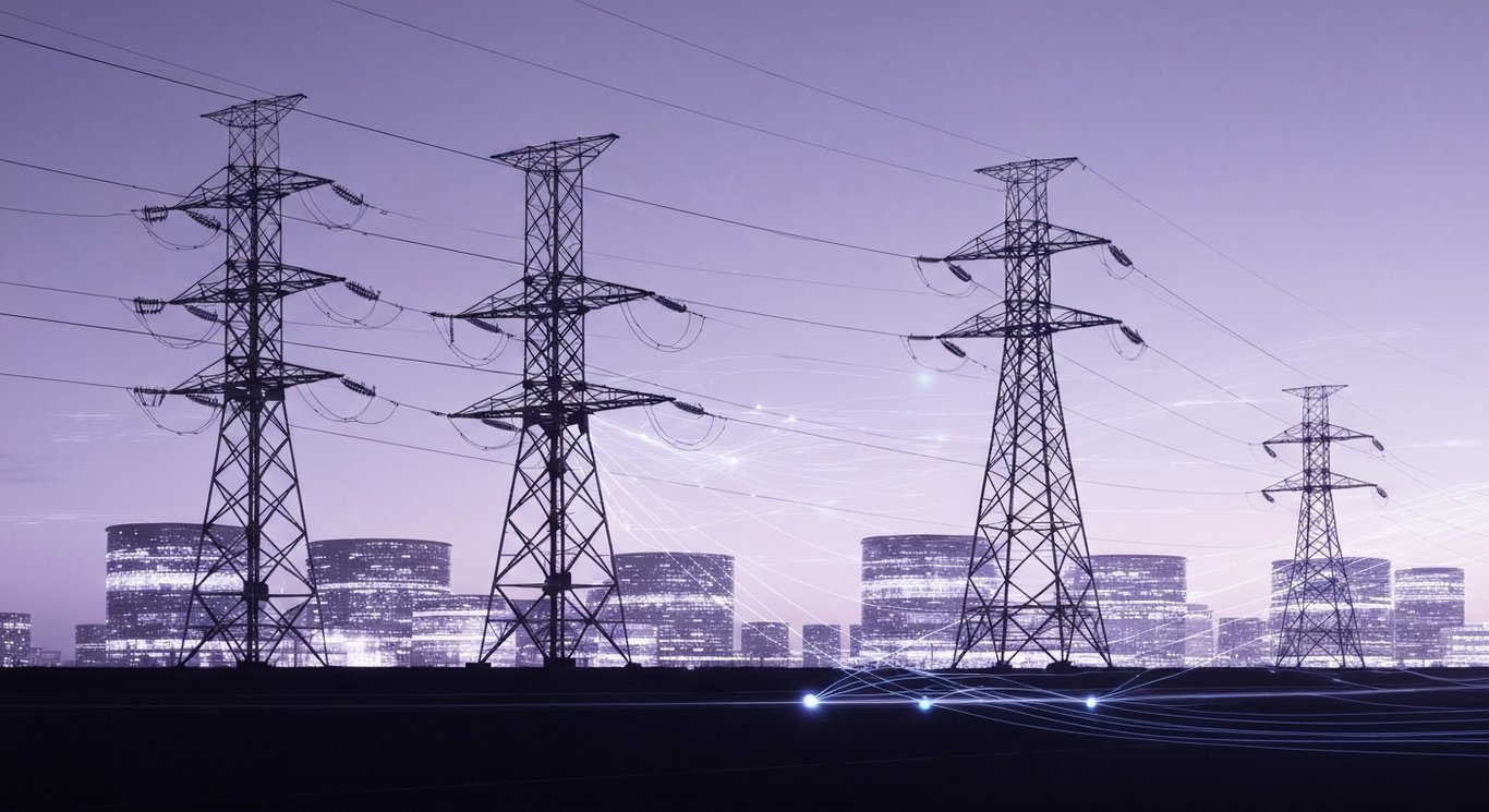 Power transmission towers with glowing data centers in the background and a soft purple color scheme