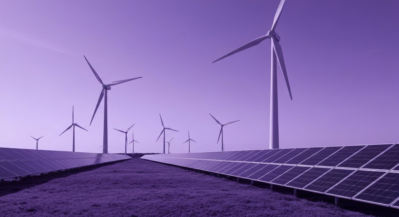 Modern wind turbines and solar panels in a wide landscape beneath a colorful sky