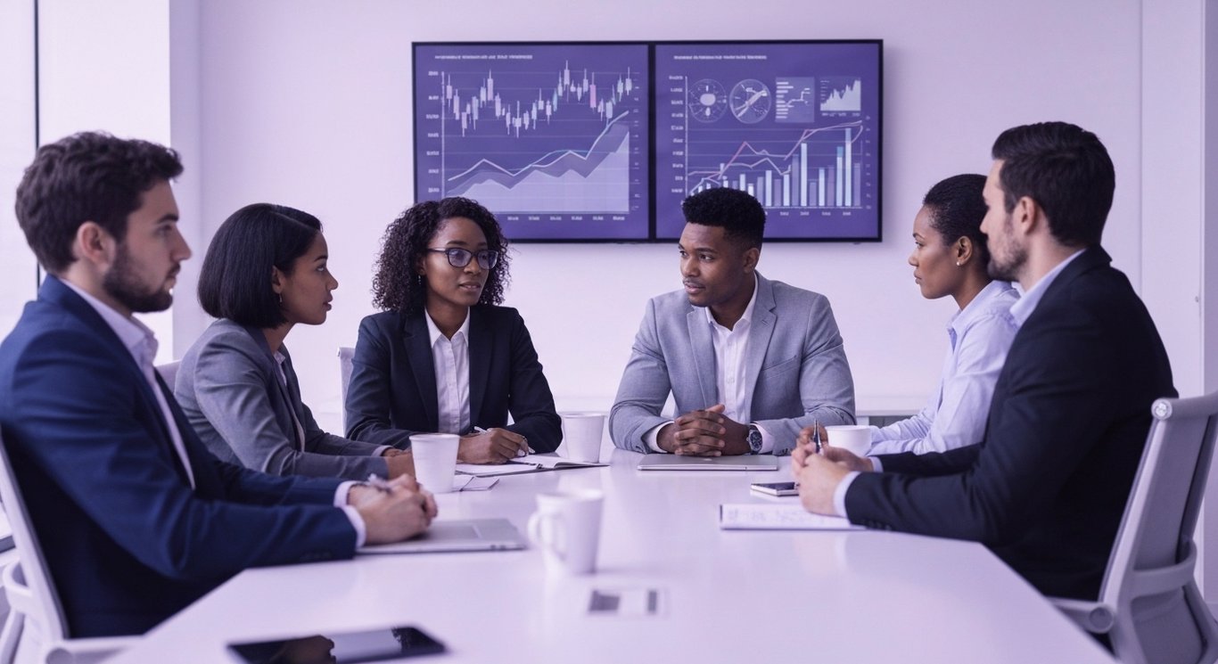 Business meeting with professionals at a conference table in a modern office with subtle digital chart displays