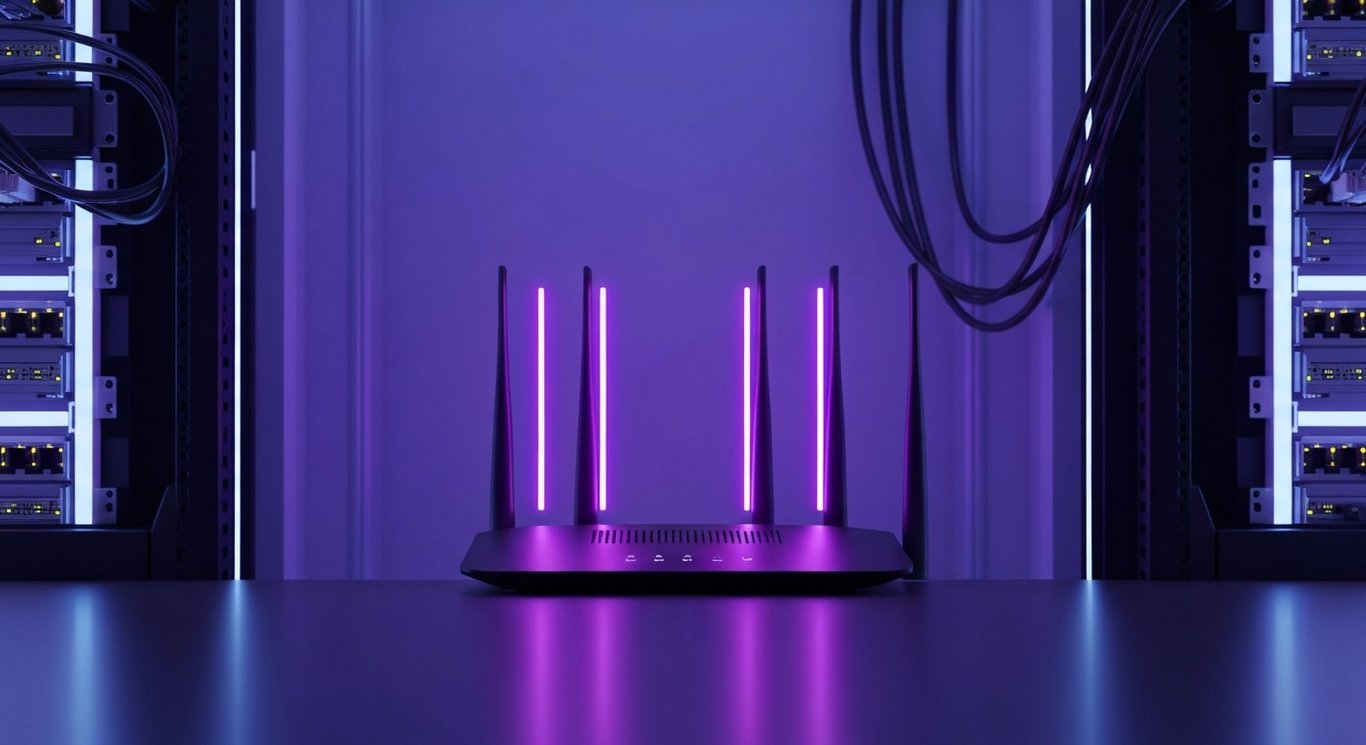 Modern wireless router glowing in a futuristic office with subtle purple lighting