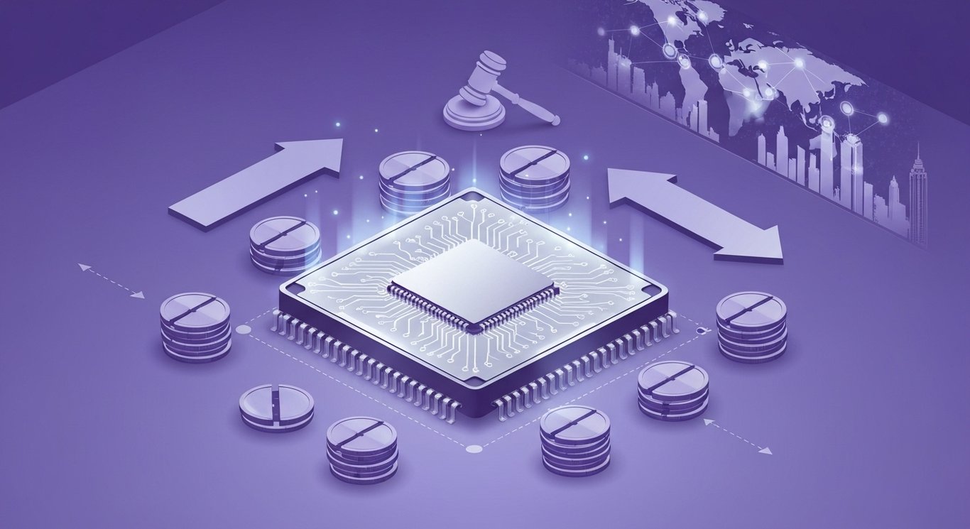 Silver computer chip amid split coin stacks, opposing arrows, and distant skyline with network nodes and a small gavel.