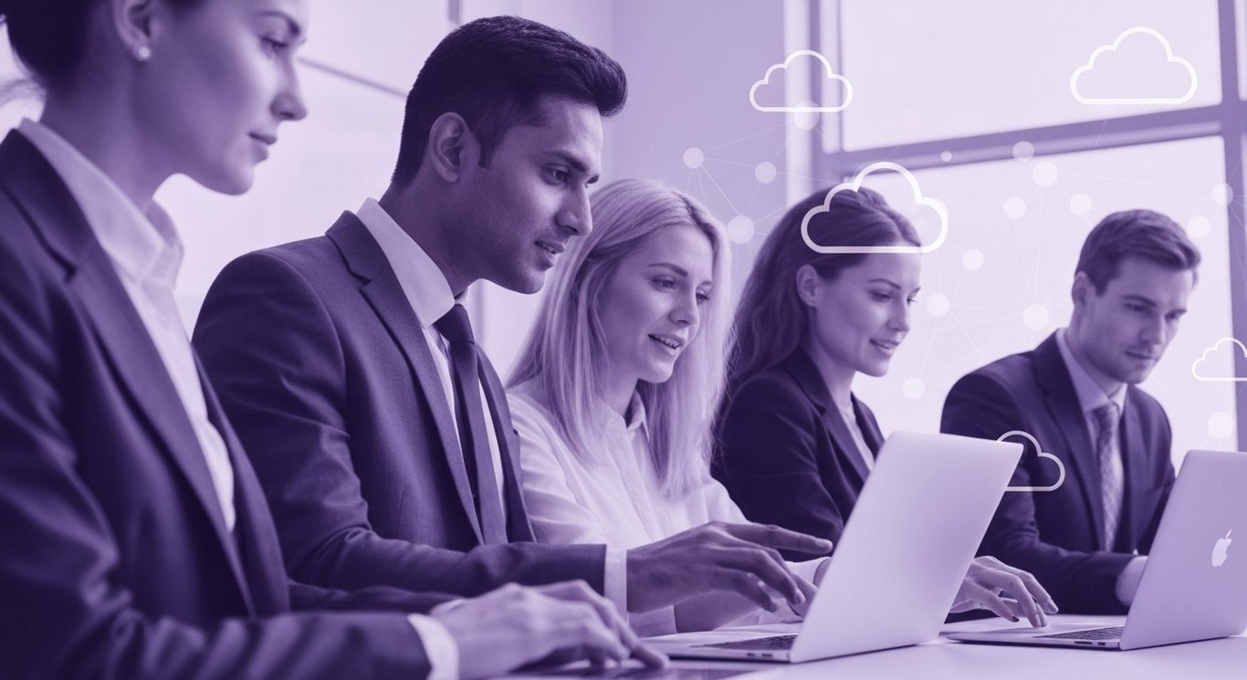 Business professionals using tech devices amid digital cloud and network graphics with a soft purple background