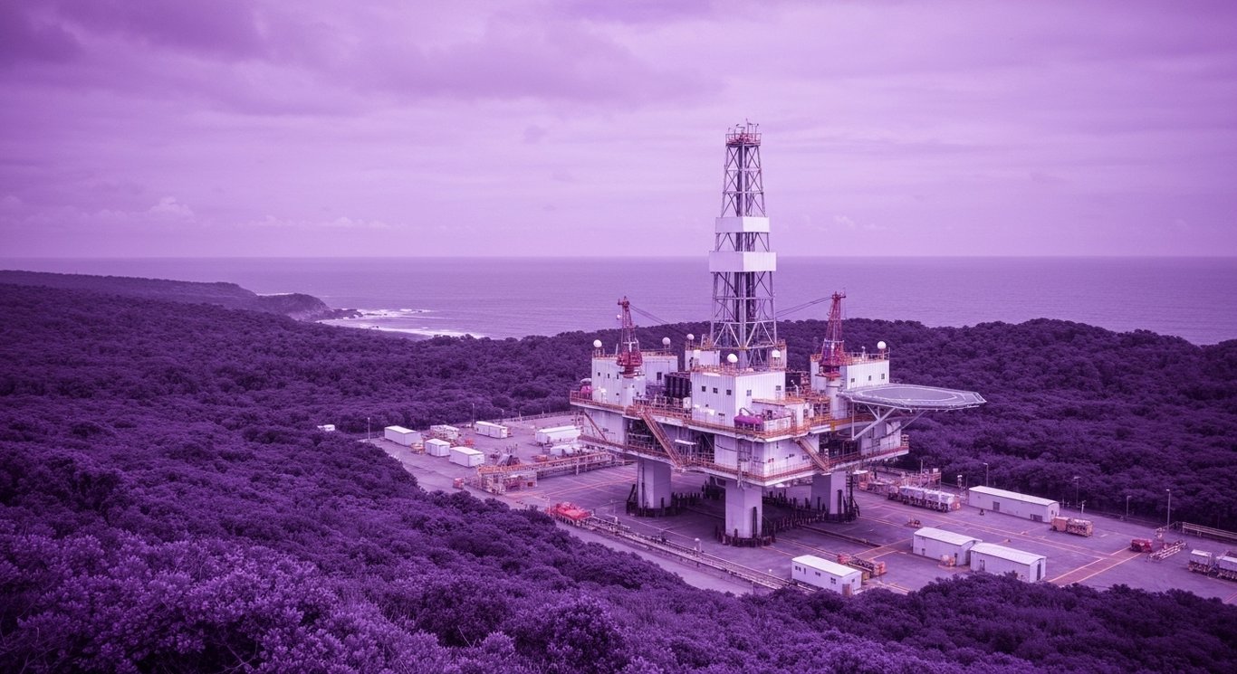 Oil platform with advanced equipment set against a lush coastline and soft purple sky