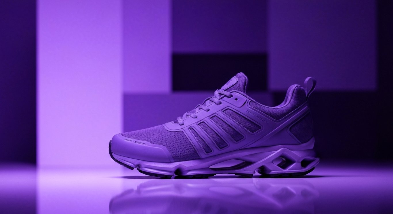 Modern athletic shoes displayed on a reflective surface with abstract purple geometric background