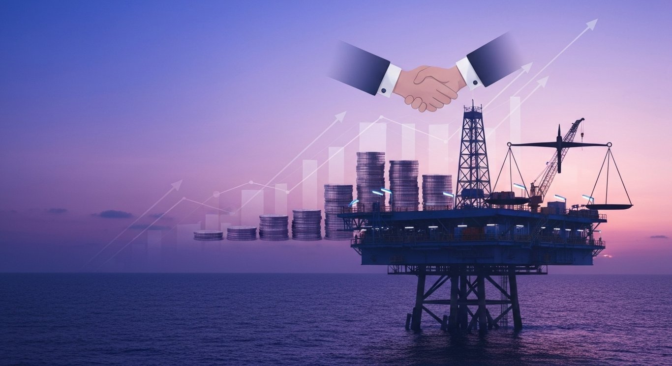 Offshore oil platform at dusk with coin stacks, a handshake symbol, and a balance scale over a calm purple sea.
