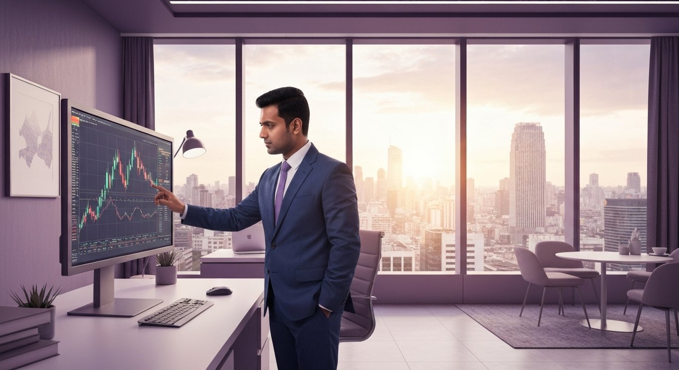 Businessman studies digital stock chart in a modern office with city skyline and purple accents