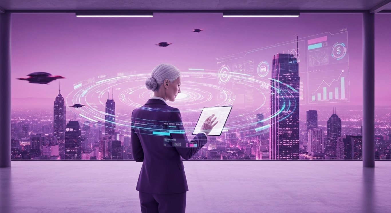 Business professional interacting with a digital interface amid glowing data and a vibrant purple city skyline