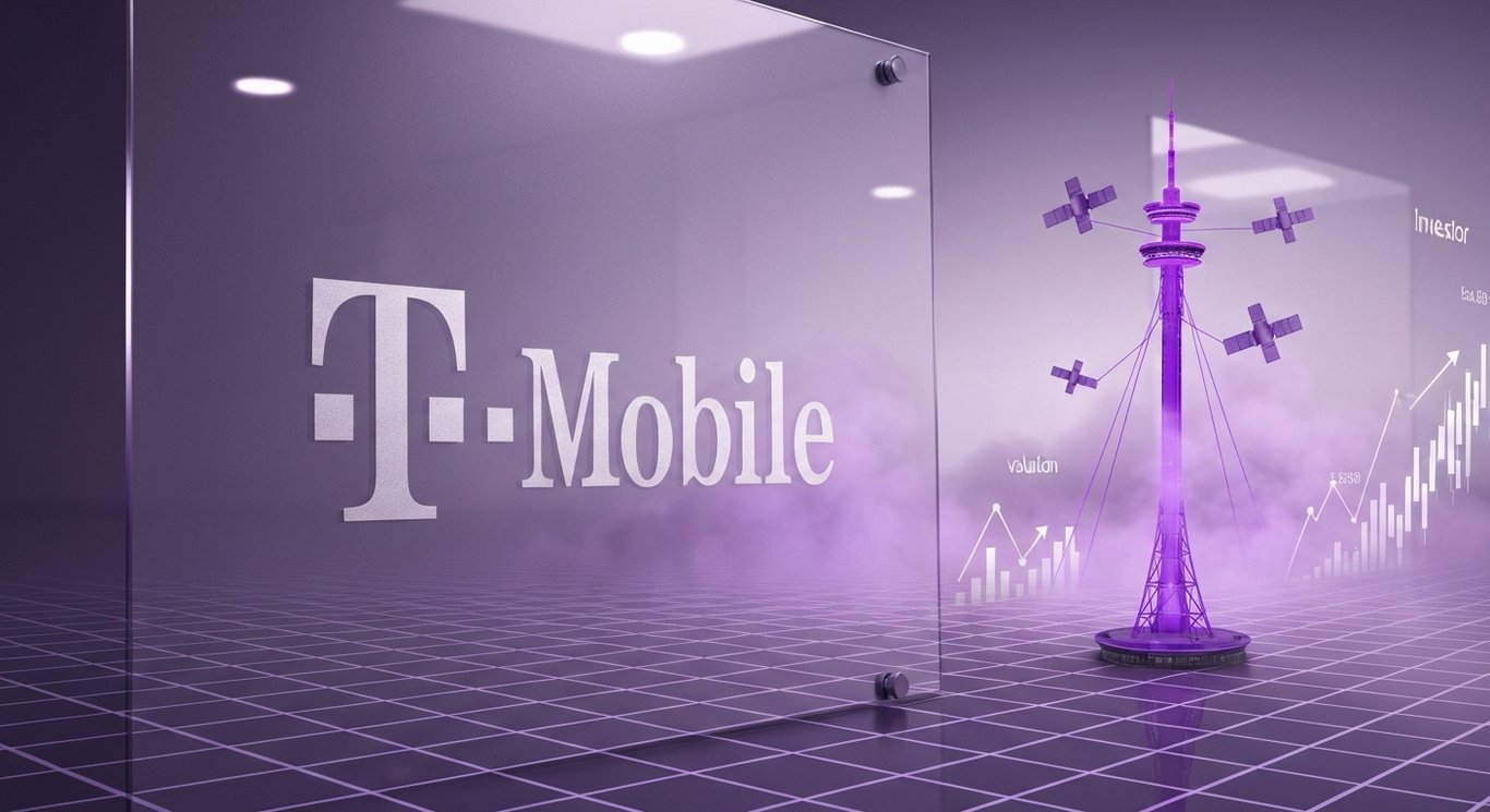 Telecom logo with satellites and 5G tower, satellite-to-phone connectivity, investor sentiment icons, purple, valuation focus