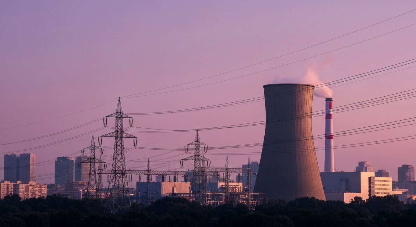 Modern power plant and transmission lines silhouetted against a softly lit city skyline with purple hues