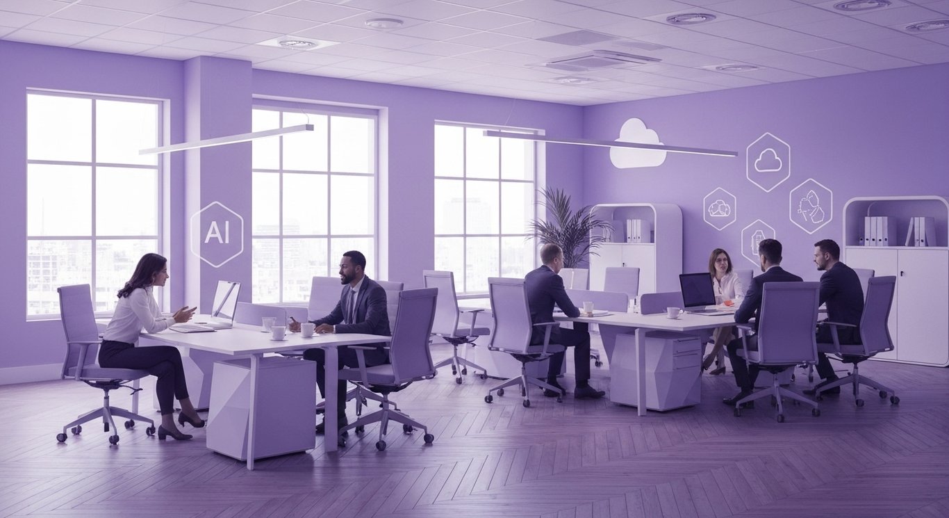 Corporate office workspace featuring abstract cloud and AI motifs with professionals in discussion