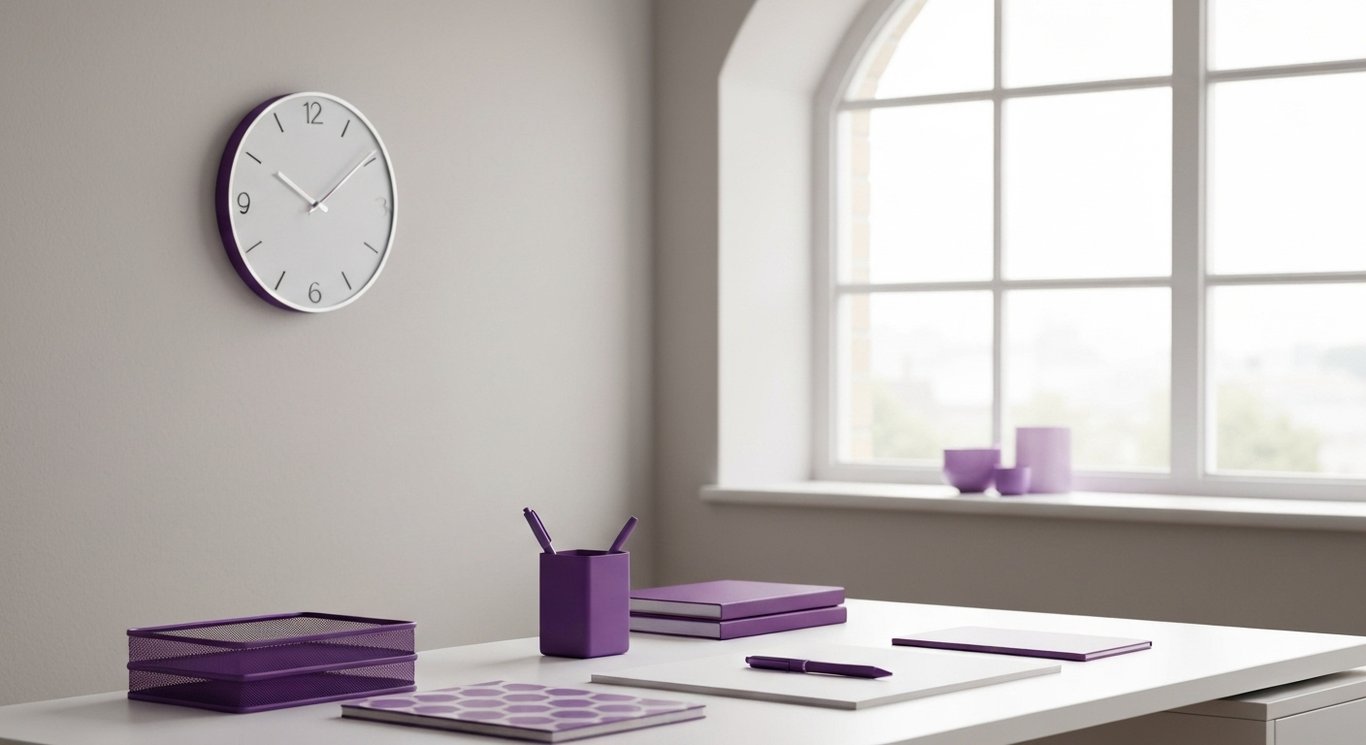 Modern workspace with a clock and organized desk accessories under soft daylight in a purple-themed room
