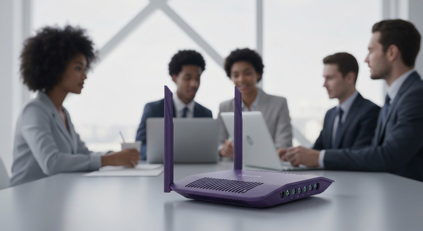 Modern wireless router on sleek office table with business team blurred in the background
