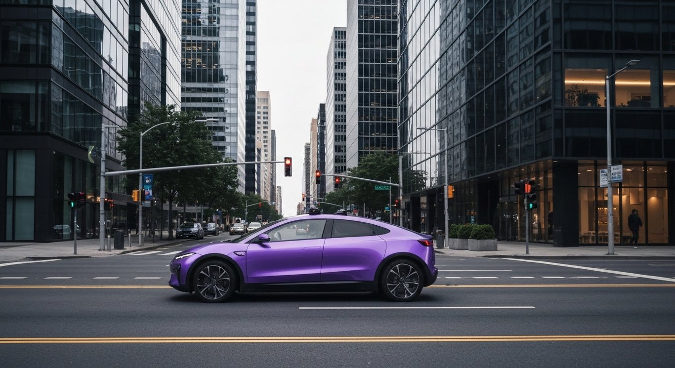 Autonomous electric car driving on a quiet city street with modern buildings in the background