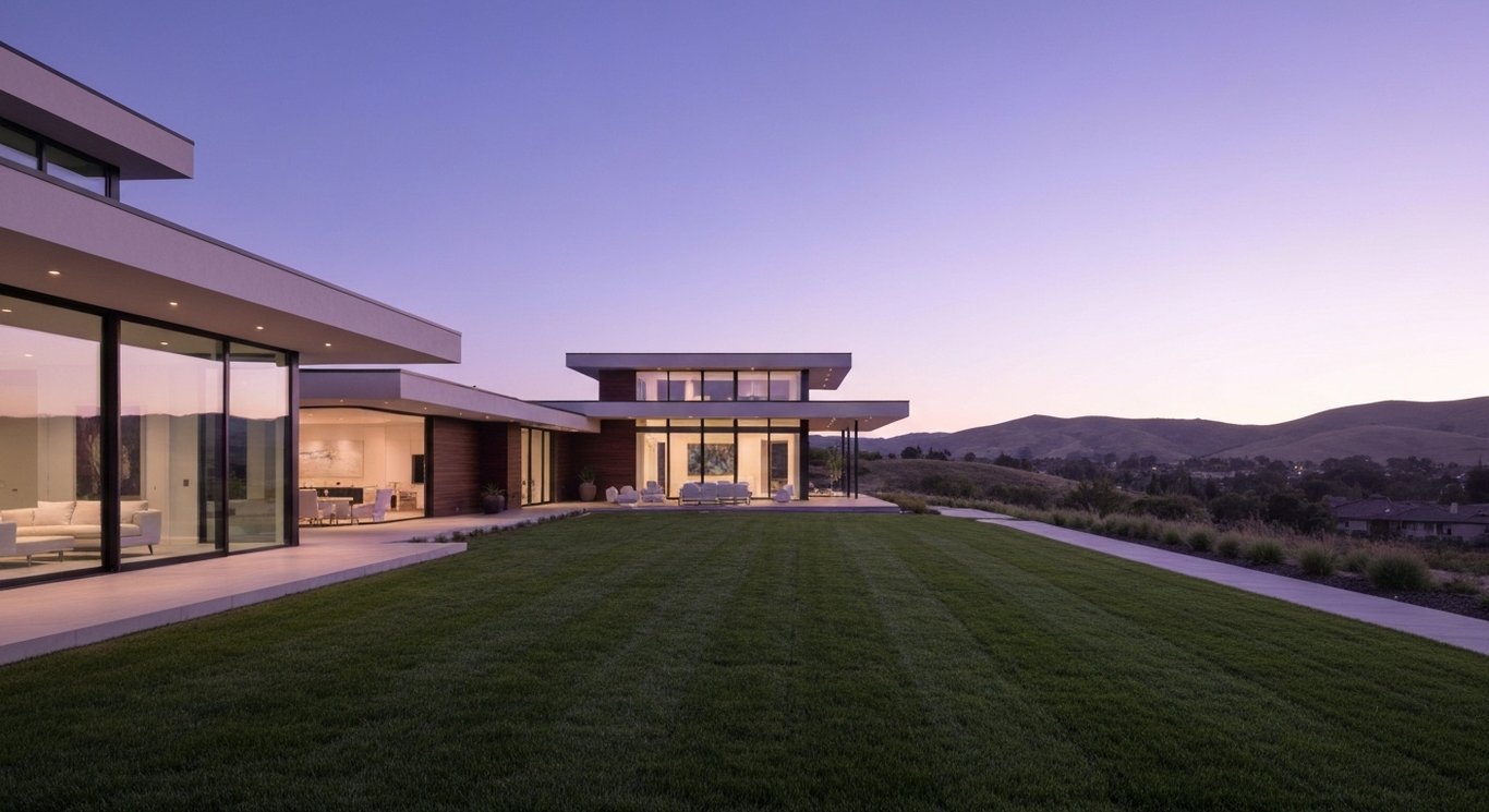 Modern luxury home with large windows in an upscale neighborhood, soft purple accents in the background