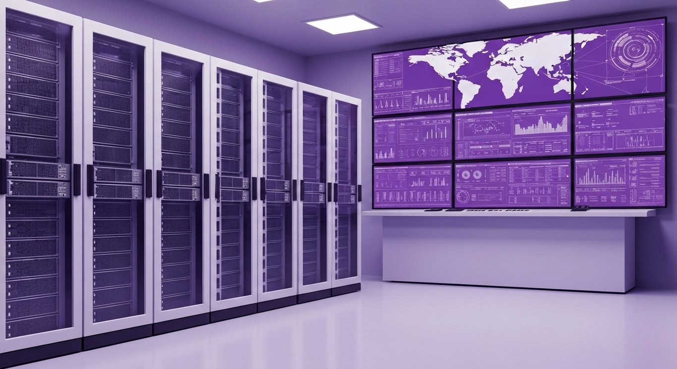 Futuristic data server racks in a high-tech control center with a purple-themed digital world map background