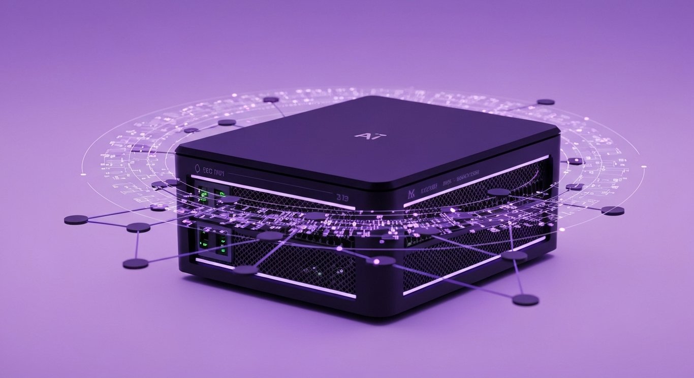 Abstract AI server surrounded by digital network links and geometric shapes in a modern workspace with purple gradient