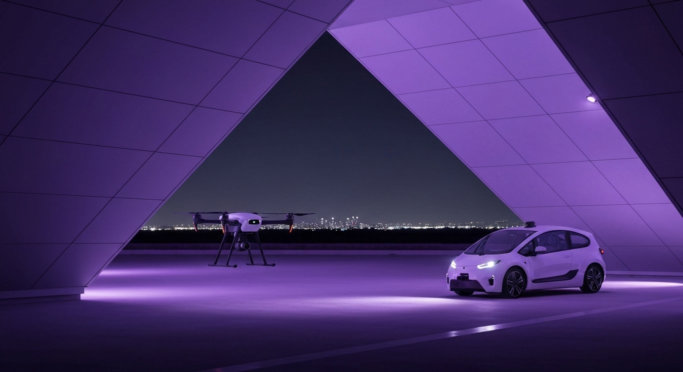 Futuristic delivery drone and autonomous vehicle on a modern tech campus with a soft purple-lit city skyline