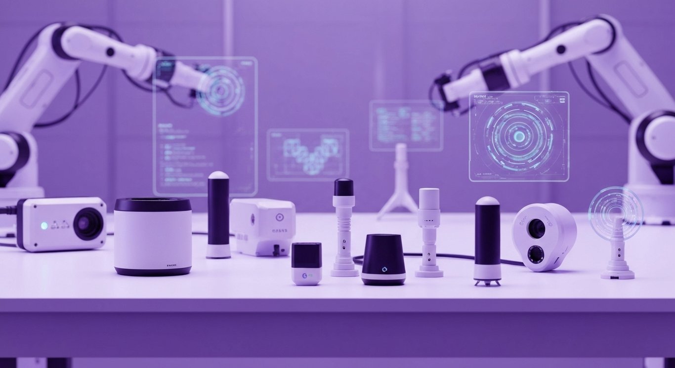 Industrial IoT sensors and smart devices on a modern workspace with a soft purple gradient background