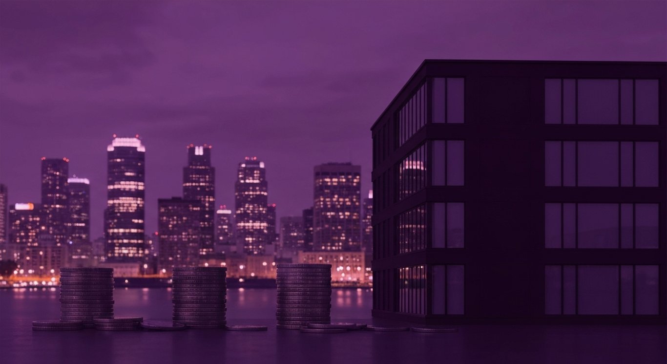 Modern commercial building with city skyline and coin stacks in front, set against a soft purple background