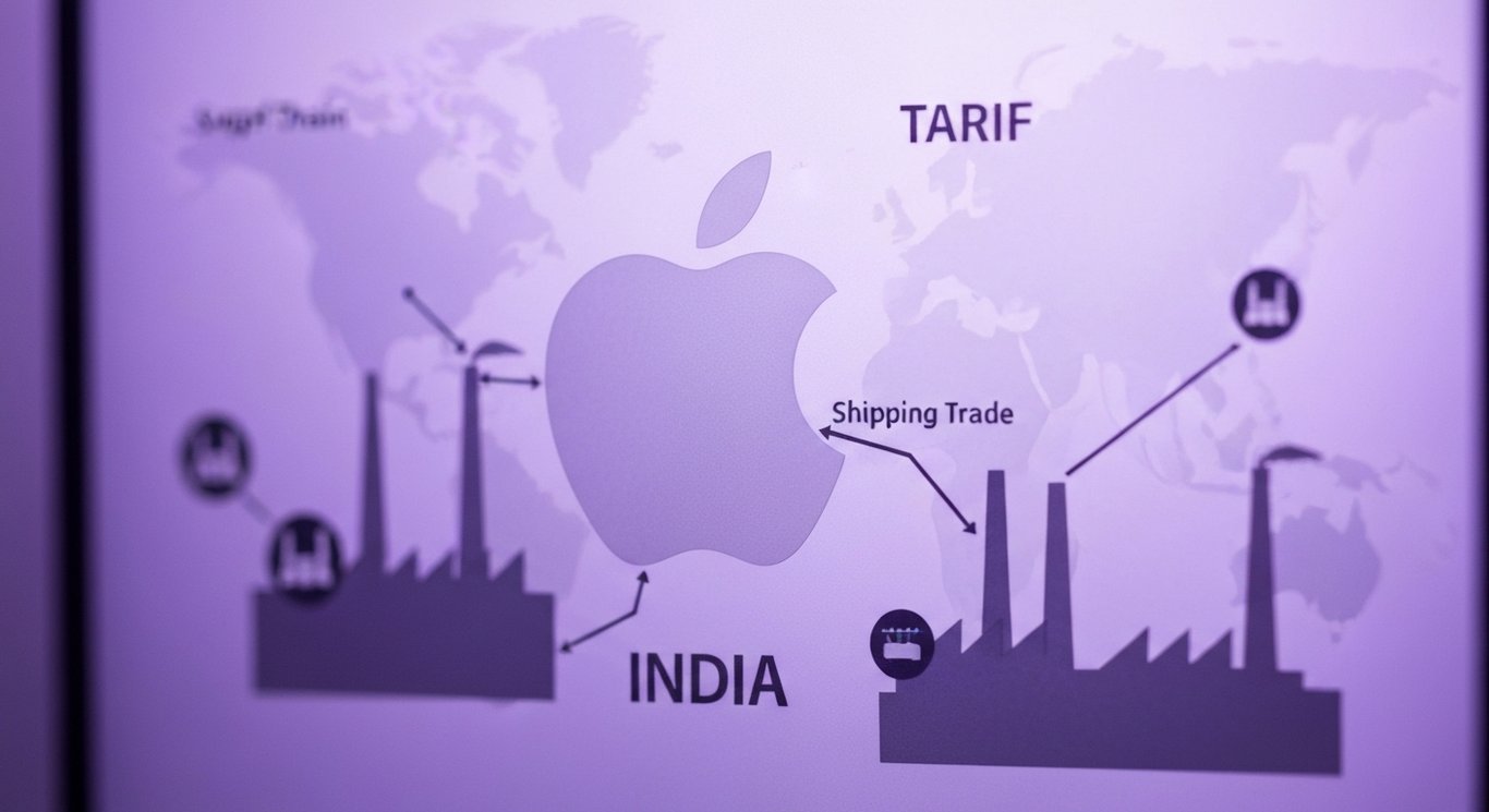 Logo on frosted glass, India factories with US shipping routes, tariff icons, resilient supply chain links in purple tones