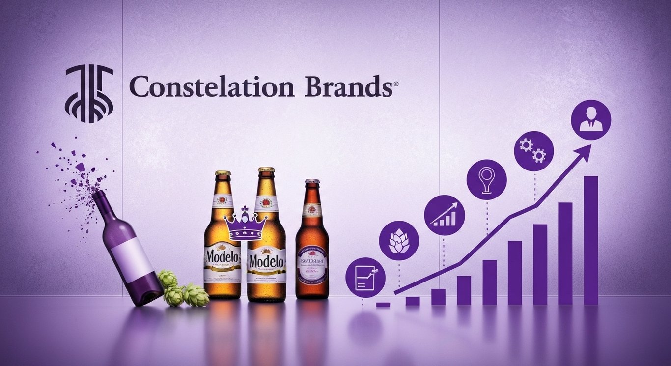 Logo on frosted glass, beer strategy visuals with crown, fading wine bottle, staples icons and value chart in purple tones