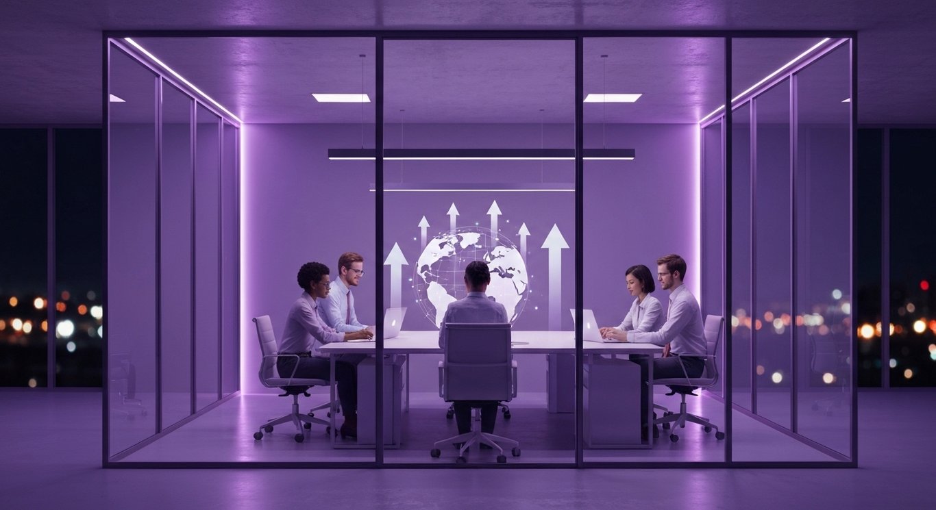 Cross-functional strategy team in a glass-walled office with city lights and subtle holographic upward arrows