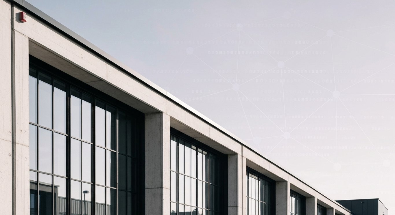 Modern industrial building with digital network patterns in a subtle purple background