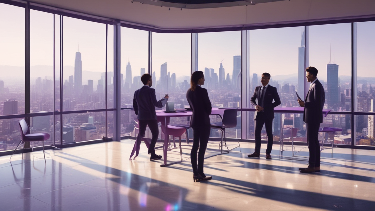 Group of business professionals in a modern office overlooking a city through large windows