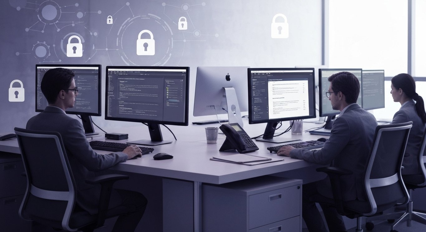 Corporate help desk with computers and digital security icons in a modern office setting