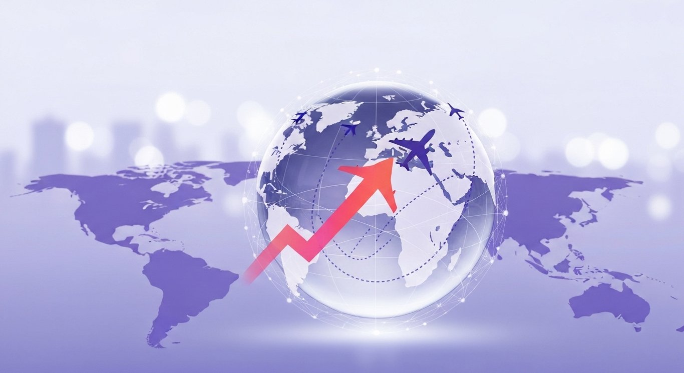 Glass globe with upward arrow and airplane silhouette amid neural lines and blurred world map background