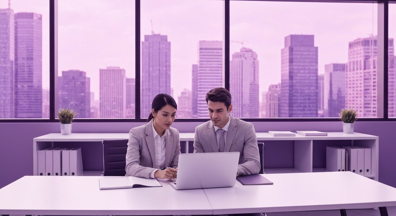 Office scene with two businesspeople analyzing data on a laptop against a purple city skyline