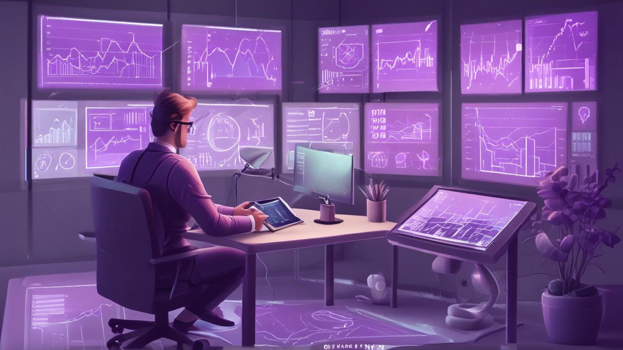 Office worker studies financial charts on a tablet amid futuristic tech and eco-friendly decor with purple tones