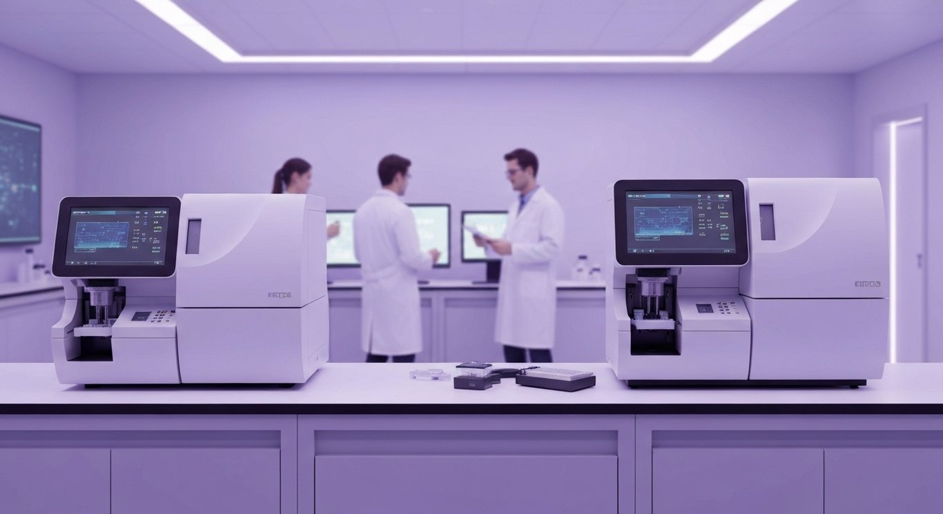 Two laboratory devices on a clean lab bench with scientists working in a softly lit purple environment