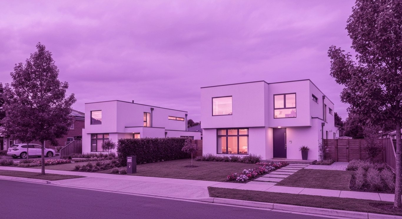 Two modern family homes in a landscaped suburban neighborhood under a purple evening sky