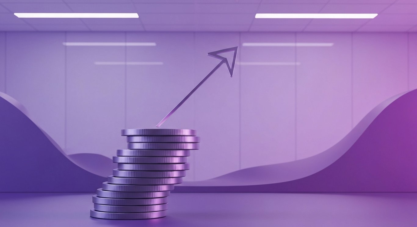 Stack of abstract coins and upward arrow in a sleek office with soft purple gradient background