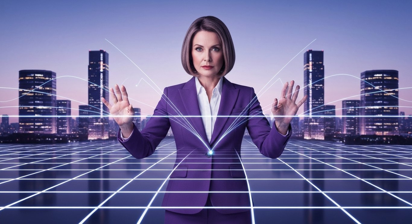 Businesswoman views modern city grid and data center glowing in purple evening light