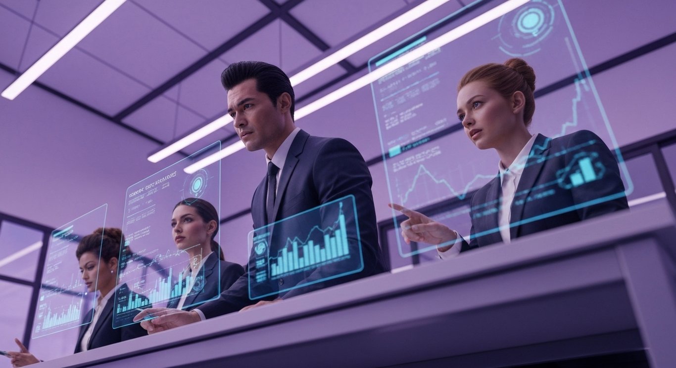 Business professionals review digital energy data on transparent screens in a futuristic office with a purple hue