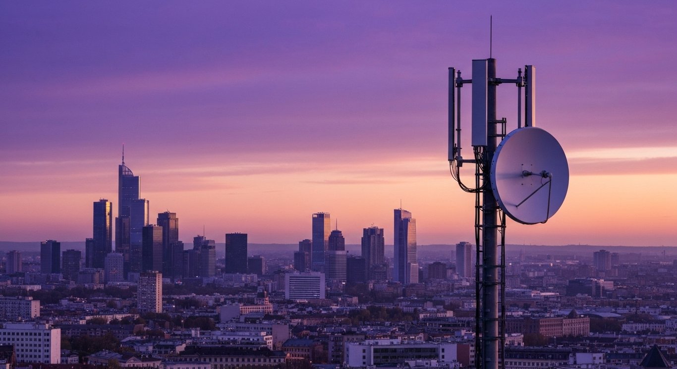 Modern telecommunications tower and satellite dish with city skyline and purple-hued sky
