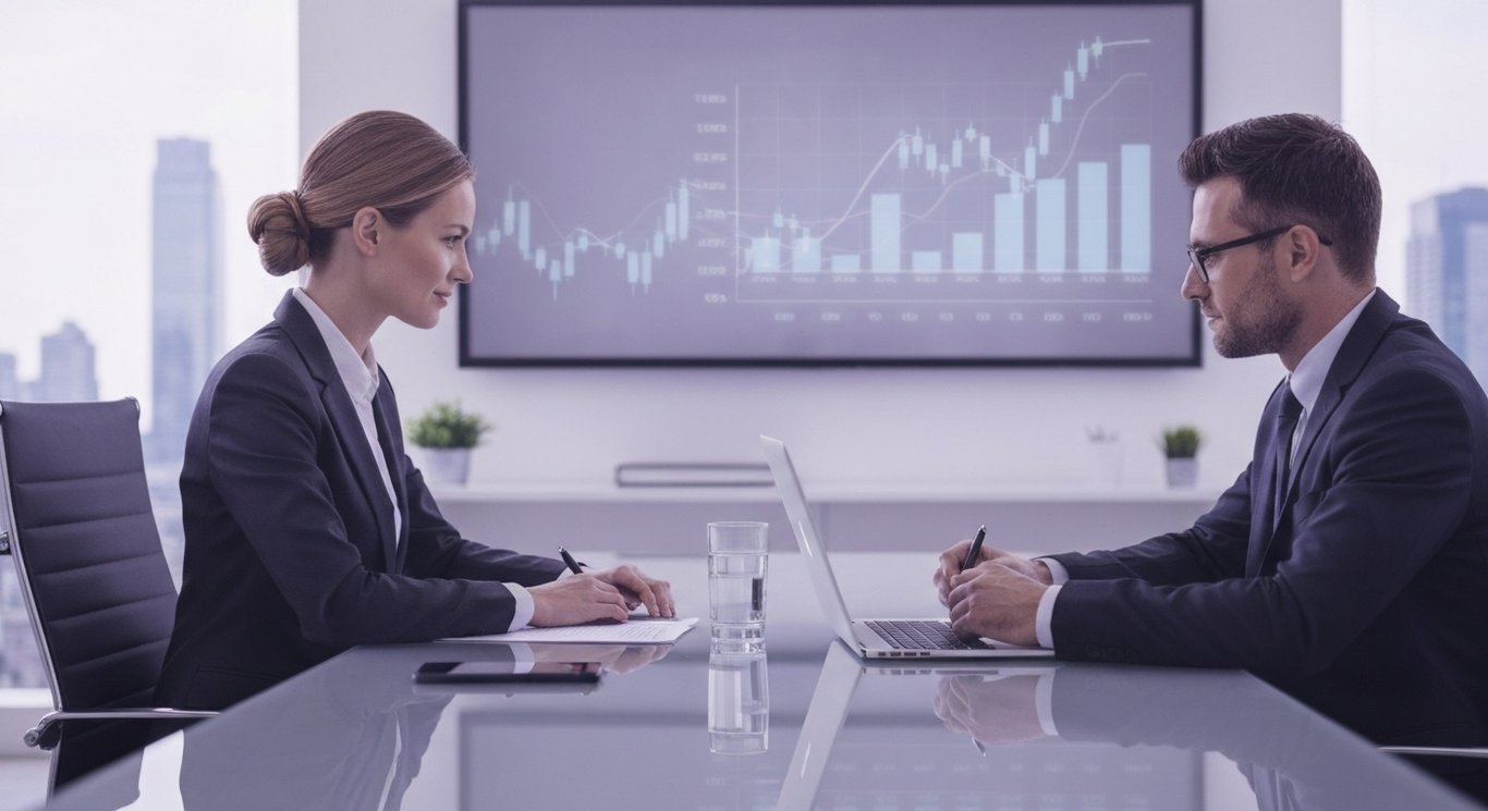 Business professionals collaborating at a glass table in a modern office with cityscape and purple accents