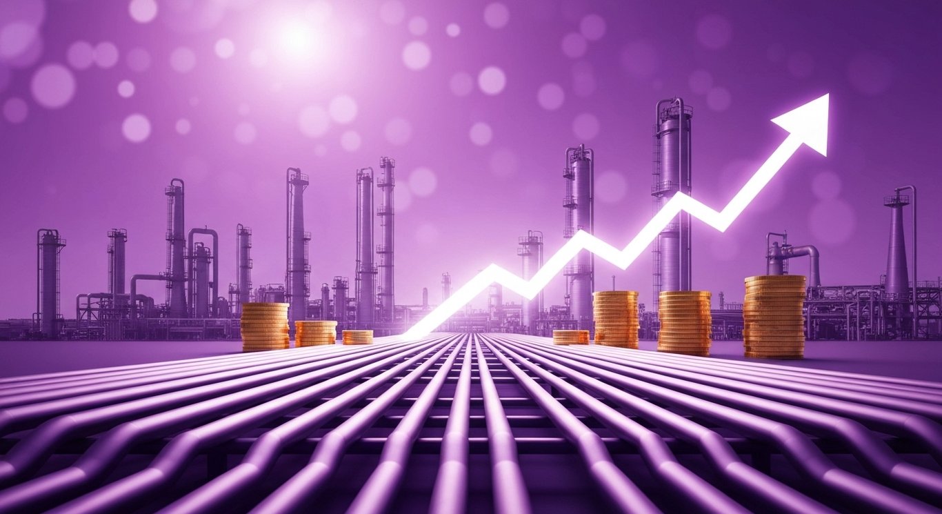 Oil refinery with converging pipelines, stacked coins, and an upward arrow against a soft purple gradient background