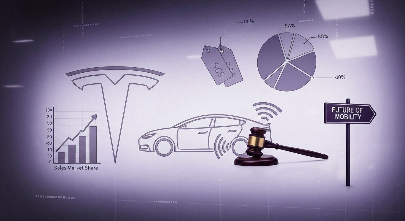 Tesla market risks: falling sales, price cuts, and FSD lawsuits visualized with legal and autonomous driving symbols in a紫