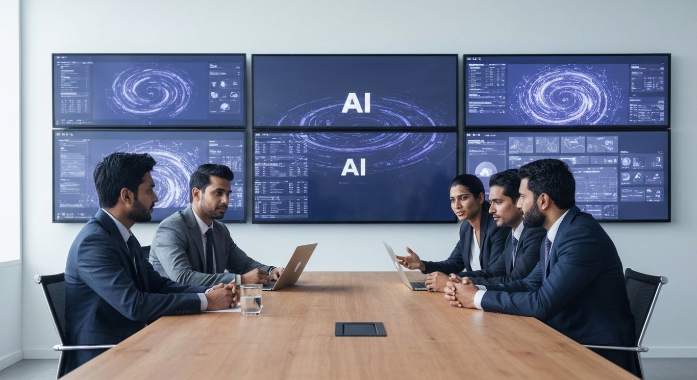 Businesspeople at a conference table with AI visuals on screens in a minimalist purple office